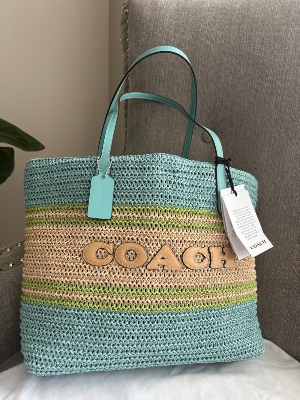 NWT Coach Straw City Tote Light Turquoise Multi -Limited seasonal release
